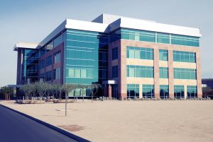 Modern Commercial Building: instant photo style, Shadows are blu